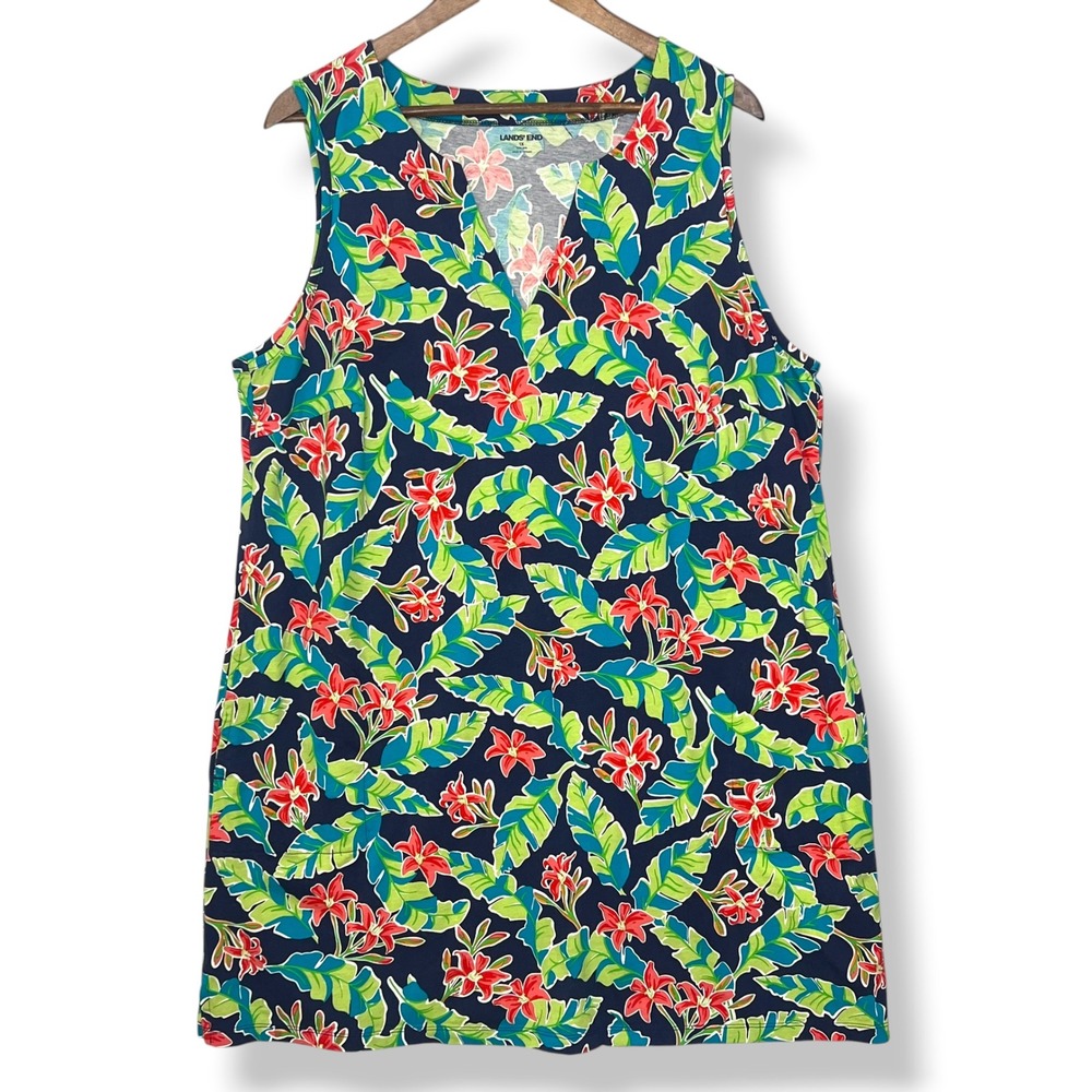 Lands' End Dress 1X 100% Cotton Blue Floral Knit Pockets Vacation Cruise Resort